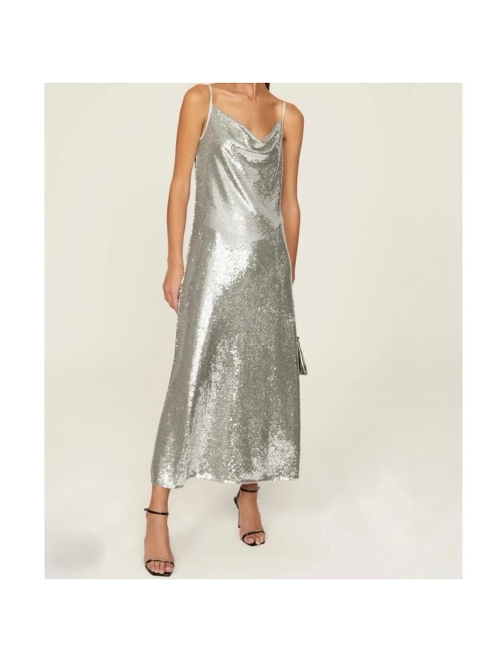 All Saints Silver Sequin Slip Dress NWT - Elegant Cowl Neck